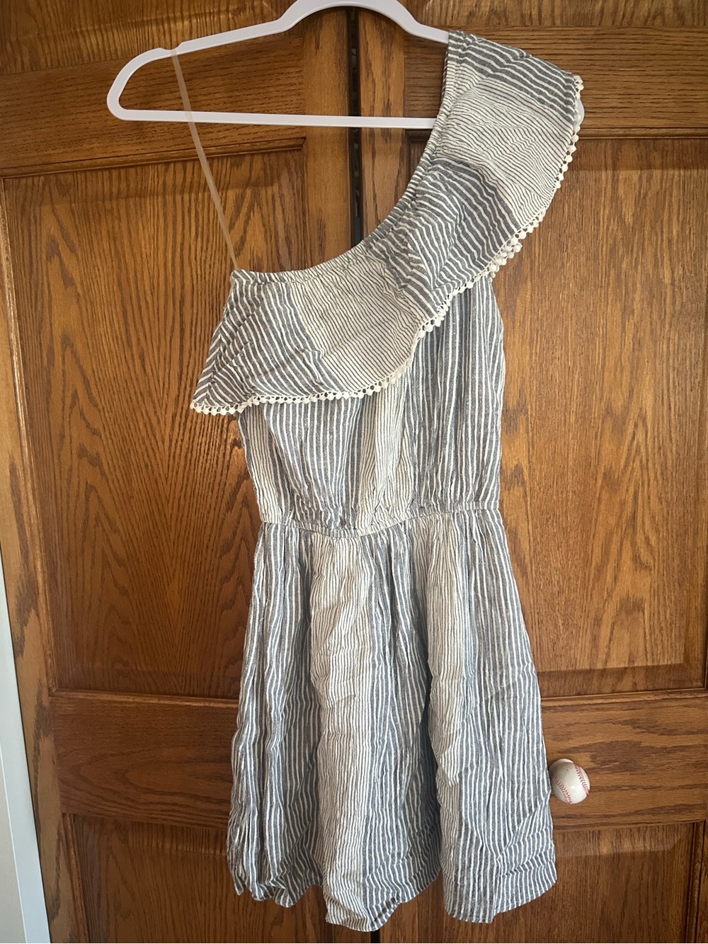 American Eagle Outfitters Navy & White One-Shoulder Ruffle Dress